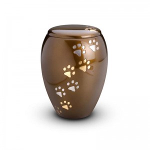 Brass - Pet Cremation Ashes Urn 1.0 Litre (Brown with Gold and Silver Pawprints)